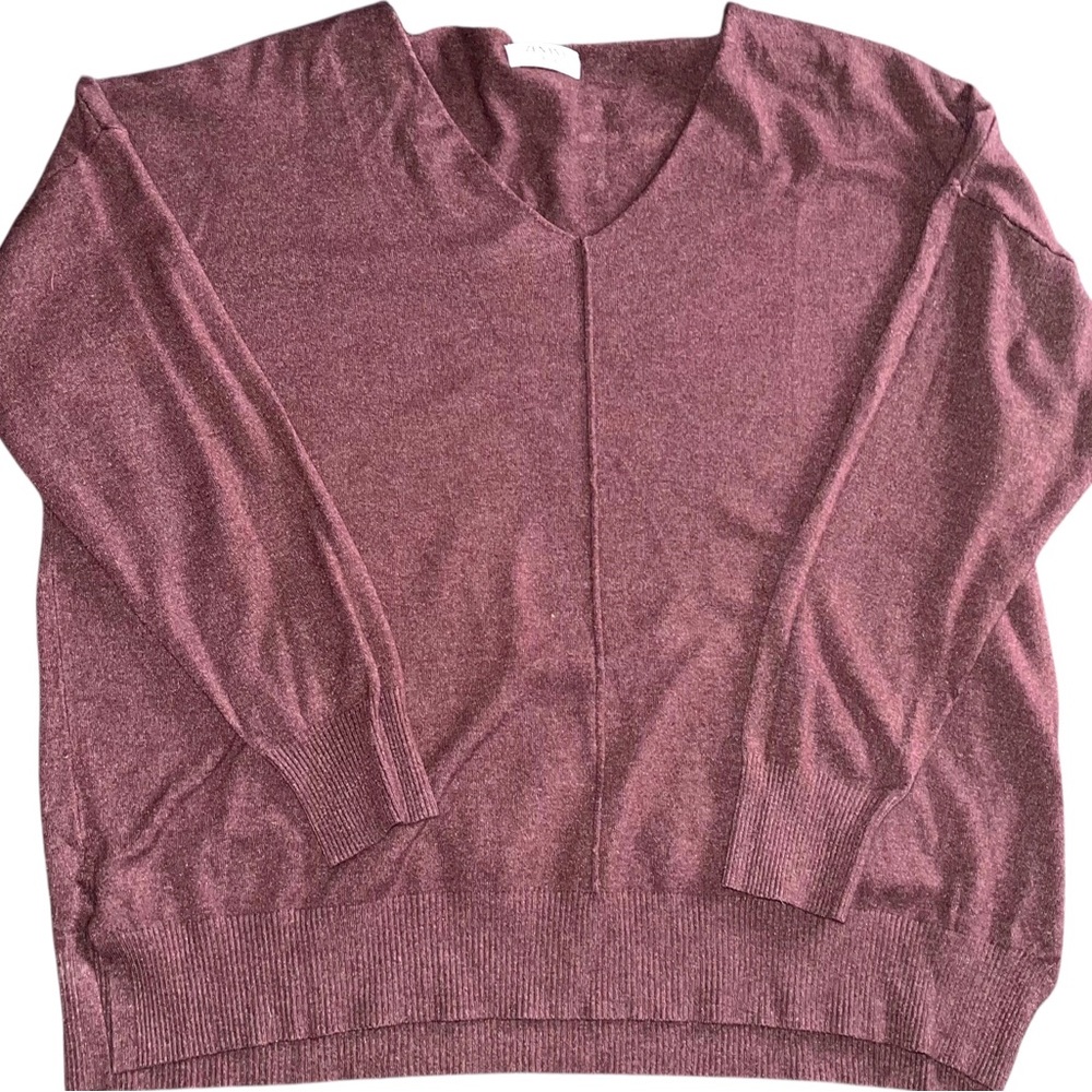 Zenana 2X/3X Burgundy V-Neck Knit Sweater Pullover Long Sleeve Ribbed Hem